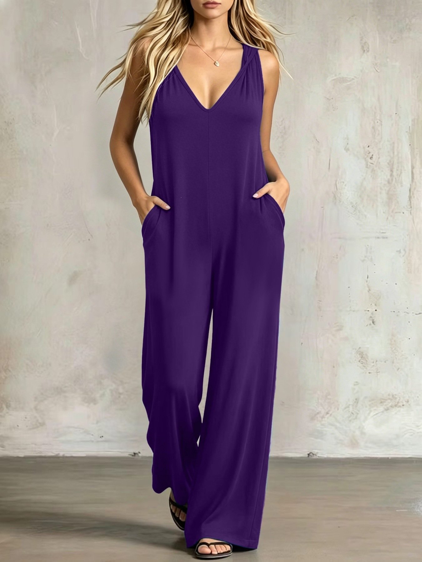 Simple V-neck Pocket Solid-color Hooded Jumpsuit - Image 10