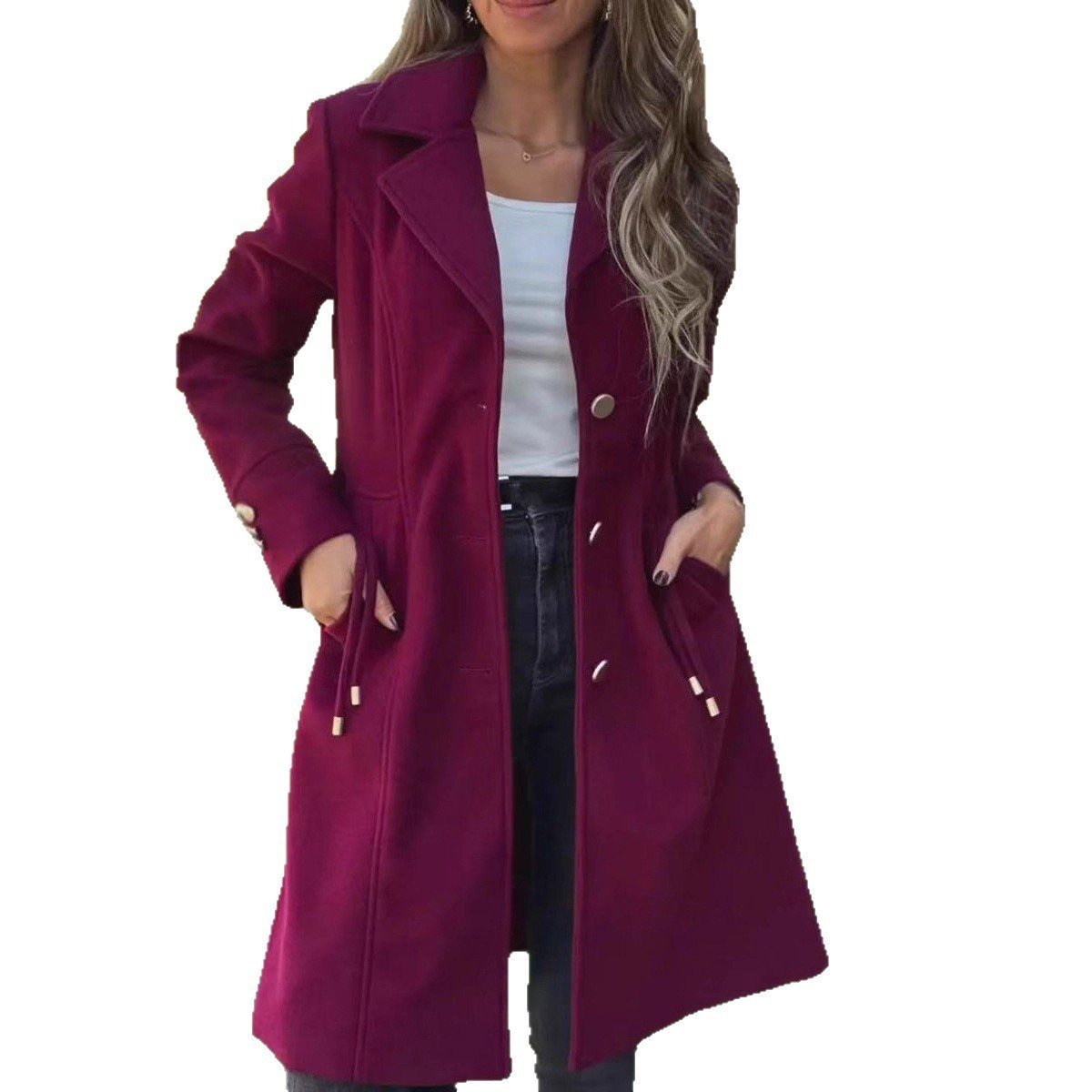Gorgeous Stylish Solid-color Mid-length Wool Coat With Drawstring And Pockets - Image 6