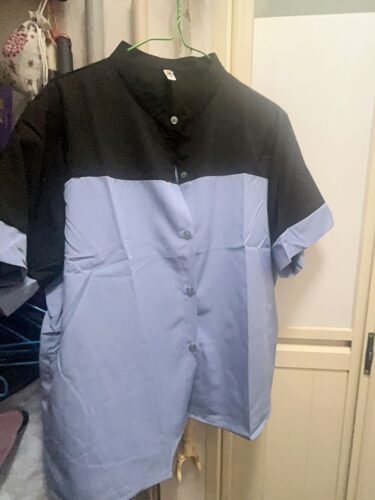 Stylish Color-block Short-sleeved Collared Blouse photo review