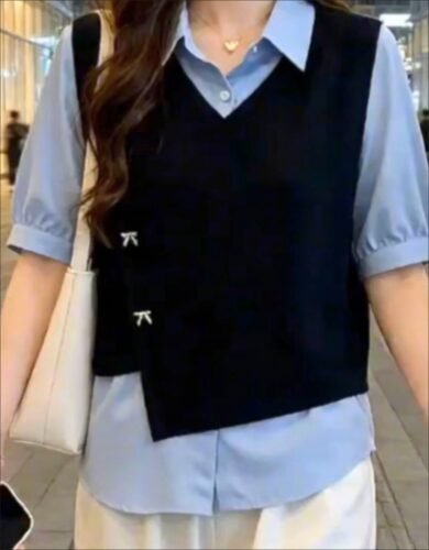 Stylish Korean Preppy Aesthetic Two-tone Blouse photo review