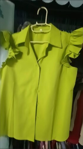 Korean Style Vibrant Ruffled Sleeves Collared Blouse photo review