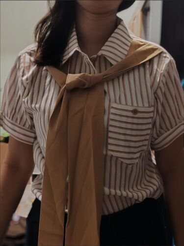Stylish Korean Stripe Pattern Knot Blouse photo review