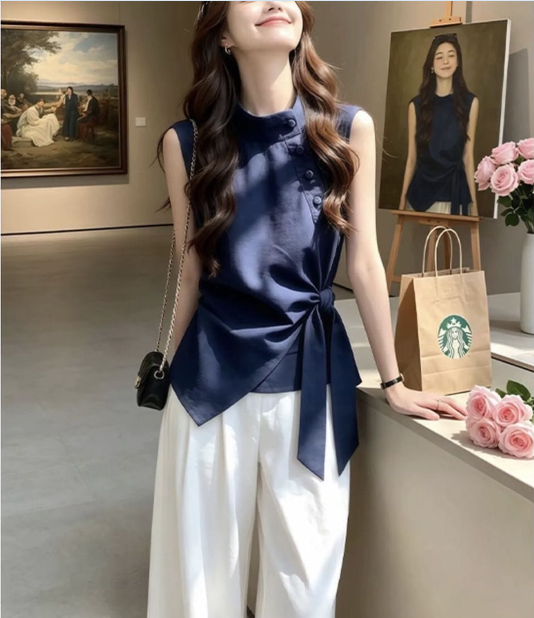Korean style shirt for women; Elegant blouse; Semi High Neck; Sleeveless; Cross Ribbons; Blouse; fashionable; stylish; classy look; OL wear; office wear; office lady wear; elegant wear for lady;khtrendyshop; kh trendy shop;