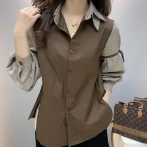 Elegant Korean style Two-tone Puffed-sleeve Collared Blouse