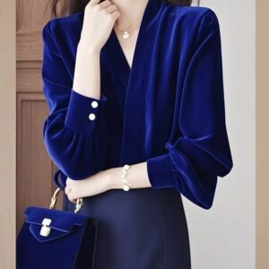 Elegant Royal Blue V-neckline Velvet Blouse