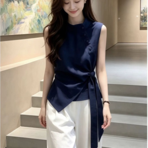 Korean style shirt for women; Elegant blouse; Semi High Neck; Sleeveless; Cross Ribbons; Blouse; fashionable; stylish; classy look; OL wear; office wear; office lady wear; elegant wear for lady;khtrendyshop; kh trendy shop;