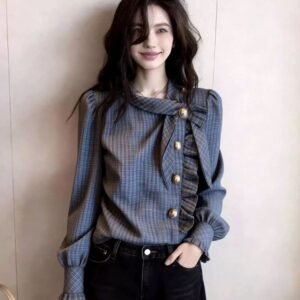 Stylish Korean Preppy Aesthetic Plaid Blouse