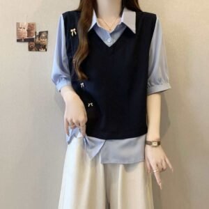 Stylish Korean Preppy Aesthetic Two-tone Blouse