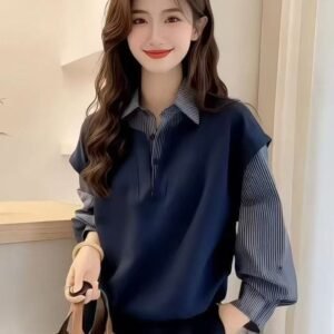 Stylish Korean Preppy Aesthetic Two-tone Pinstripe Blouse