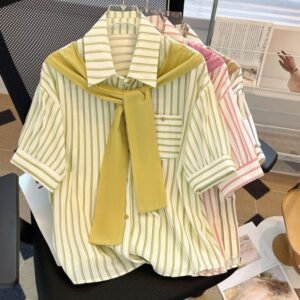 Stylish Korean Stripe Pattern Knot Blouse