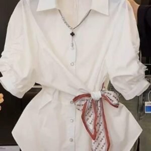 Stylish Puff-sleeves Collared Decorative Scarf Blouse