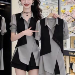 Elegant Korean Asymmetrical Vest Blouse (Faux Two-Piece)