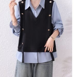 Elegant Korean Preppy Aesthetic V-neck Vest Blouse
