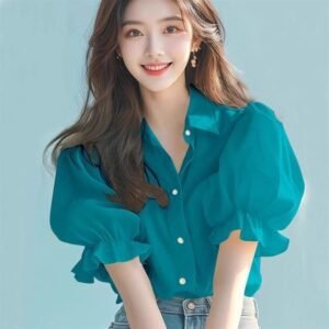 Korean Style Vibrant Puff Sleeves Collared Blouse