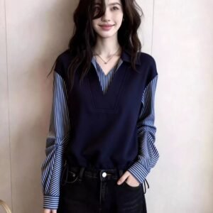 Korean-style Striped Collared V-neck Blouse
