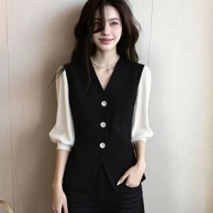 Stylish V-neck Puffed Sleeves Vest Blouse