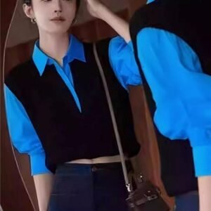 Vibrant Blue Collared Cropped Vest Blouse (Faux Two-Piece)