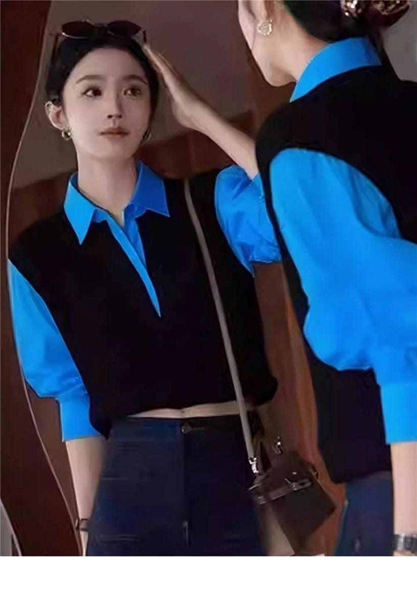 Vibrant Blue Collared Cropped Vest Blouse (Faux Two-Piece)